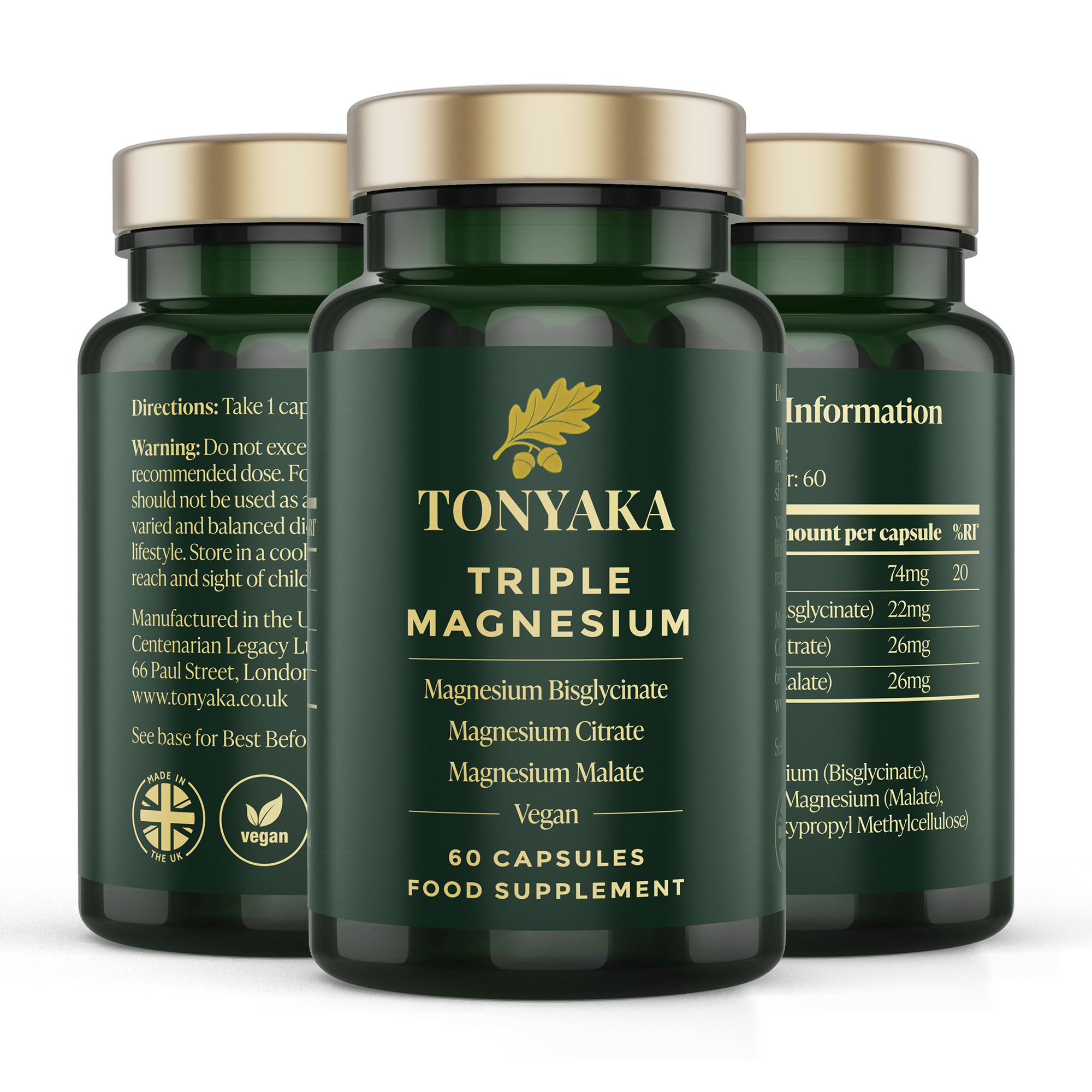 TONYAKA Triple Magnesium Complex | Bisglycinate, Citrate & Malate | 60 Vegan Capsules